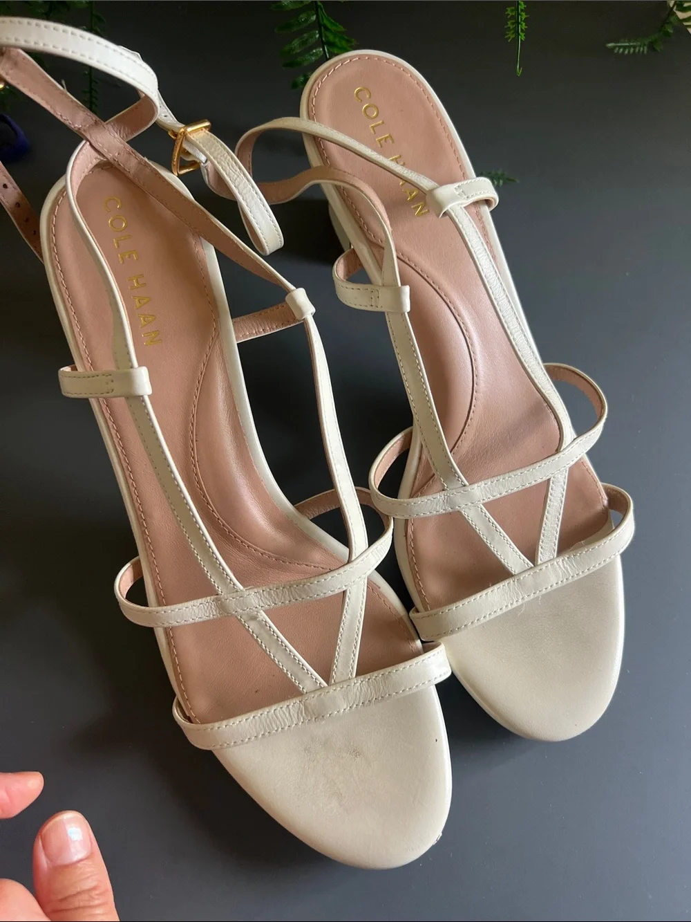 Cole Haan Cream Strappy Leather T‑Bar Sandals